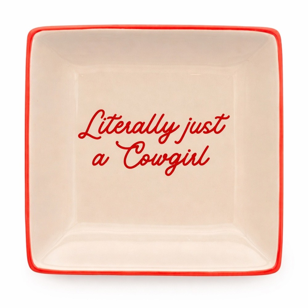 Literally Just A Cowgirl Ceramic Trinket Dish Square Jewelry Tray Red Cream